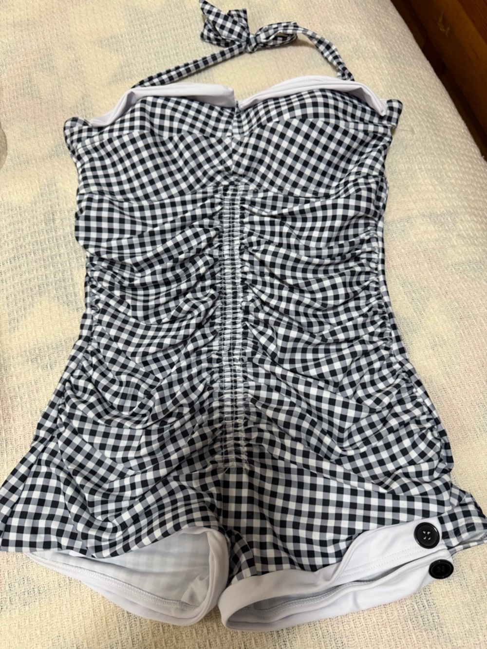 Gingham Ruched One-Piece Swimdress Black & White Woman Swimsuit Size XL